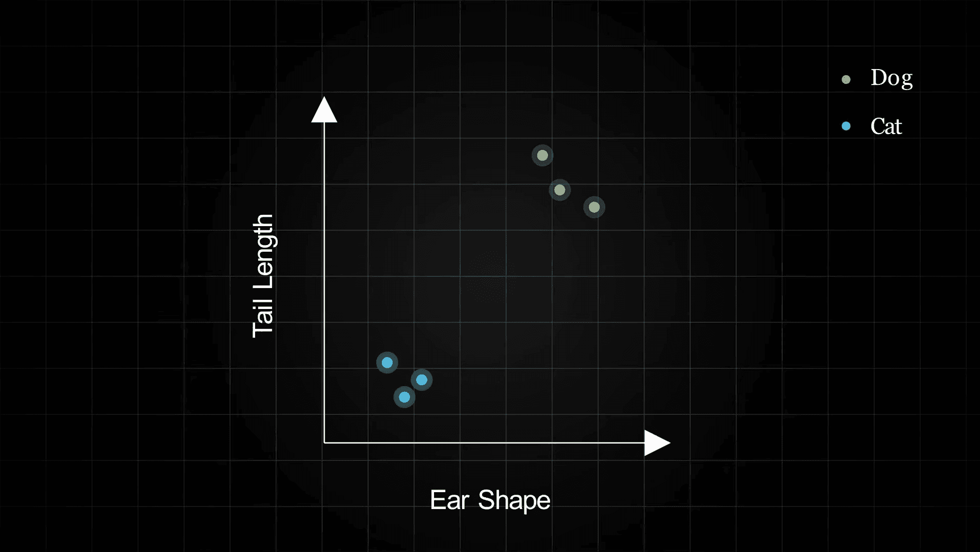 A 2D scatter plot with Ear Shape on the x-axis and Tail Length on the y-axis. Cat dots cluster in the bottom-left, dog dots in the top-right. One dot has dotted lines to show how its position on both axes maps to its two measurements.