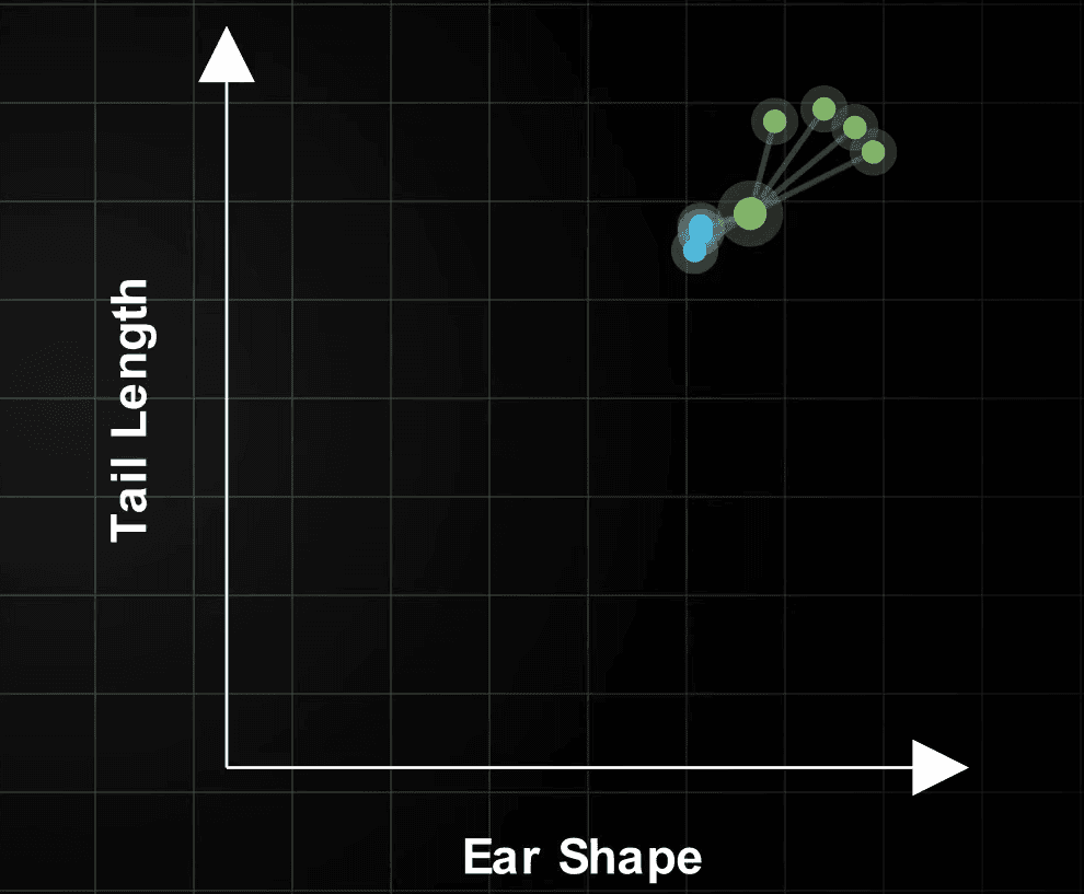 Scatter plot showing K=50 for a KNN classifier. The decision boundary is overly smooth and almost linear, ignoring local clusters and misclassifying several edge points.